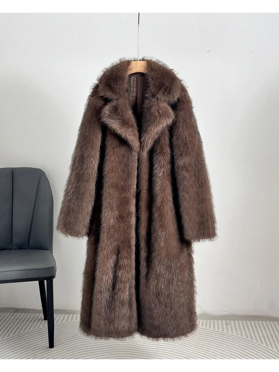 Solid Loose Fur Long Coat for Women Lapel Long Sleeve Temperament Elegant Coats Female Fashion Style Fashion