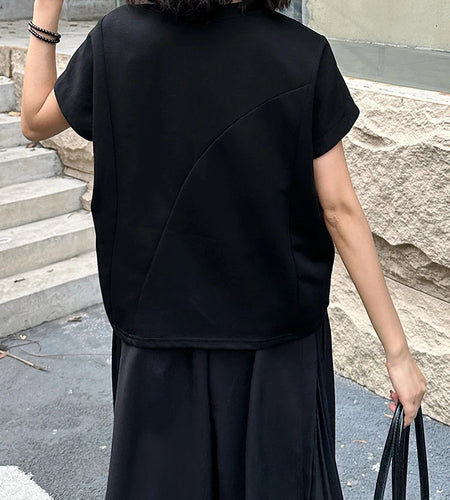 Women Black Irregular Hem Big Size Causal T-shirt New Round Neck Short Sleeve Fashion Tide Spring Summer 2025 1DJ1381