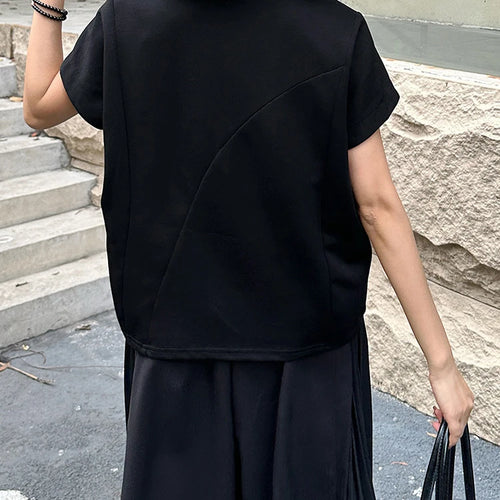 Load image into Gallery viewer, Women Black Irregular Hem Big Size Causal T-shirt New Round Neck Short Sleeve Fashion Tide Spring Summer 2025 1DJ1381
