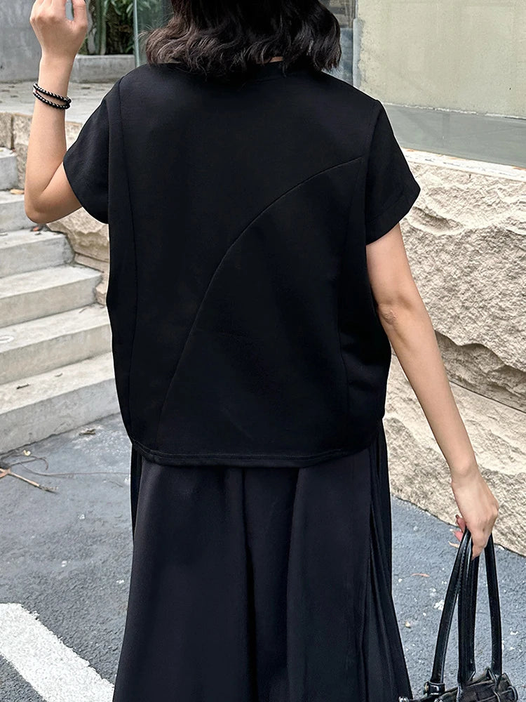 Women Black Irregular Hem Big Size Causal T-shirt New Round Neck Short Sleeve Fashion Tide Spring Summer 2025 1DJ1381