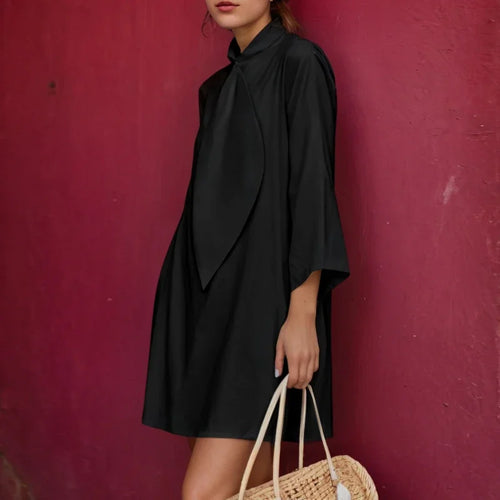 Load image into Gallery viewer, Summer Cotton Tie Neck Mini Dress for Women 2025 New Elegant Three-quarter Sleeves Simple Shirt Dresses Outfits Woman
