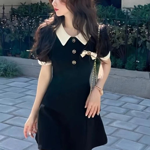 Load image into Gallery viewer, School Black Dress Soft Girls Sweet Preppy Style Student Polo Collar Kawaii Mini Short Dresses Autumn Korean Fashion
