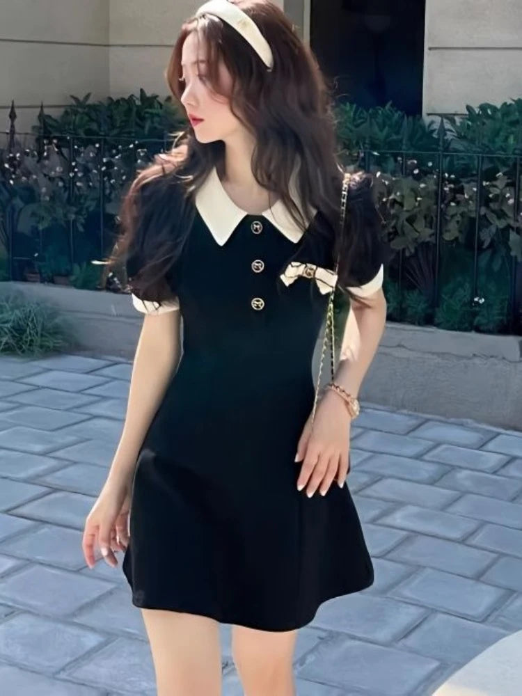 School Black Dress Soft Girls Sweet Preppy Style Student Polo Collar Kawaii Mini Short Dresses Autumn Korean Fashion