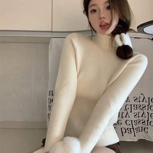 Load image into Gallery viewer, Solid Warm Elegant Fashion Half Turtleneck Sweater Women 2023 Autumn Winter Vintage Basic Long Sleeve Plush Pullover Tops Simple

