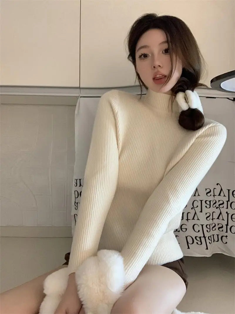 Solid Warm Elegant Fashion Half Turtleneck Sweater Women 2023 Autumn Winter Vintage Basic Long Sleeve Plush Pullover Tops Simple