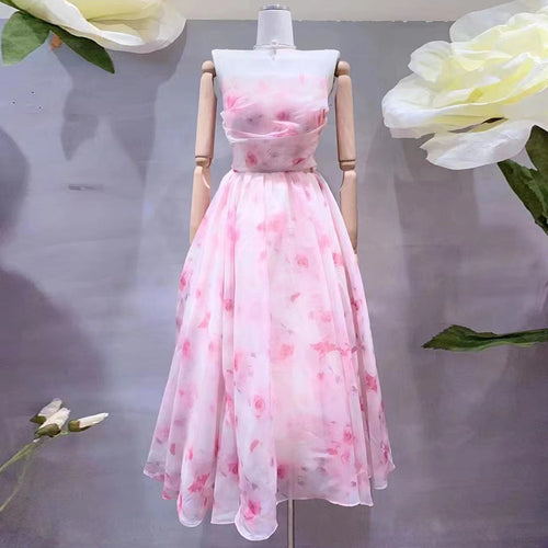 Load image into Gallery viewer, Square Collar Folds Print Dresses For Women Sleeveless High Waist Hit Color Temperament Dress Female Fashion
