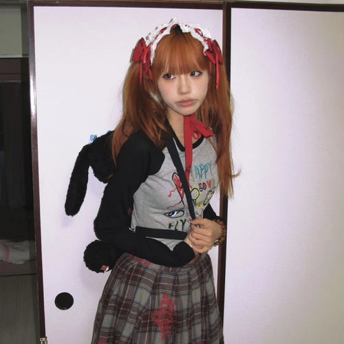 Load image into Gallery viewer, Japanese Y2k Graffiti Print T-shirt Trashy 2000s Style Long Sleeve Patchwork Tops Vintage Harajuku Crop Top American 90s
