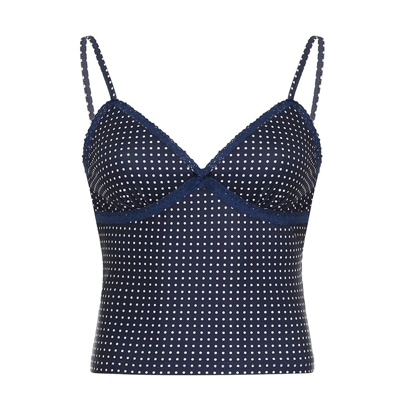 Fashion Polk Dot Printed Mini Camisole Women's Lace Patchwork Spaghetti Strap Summer Beach Cropped Tops Backless Y2K