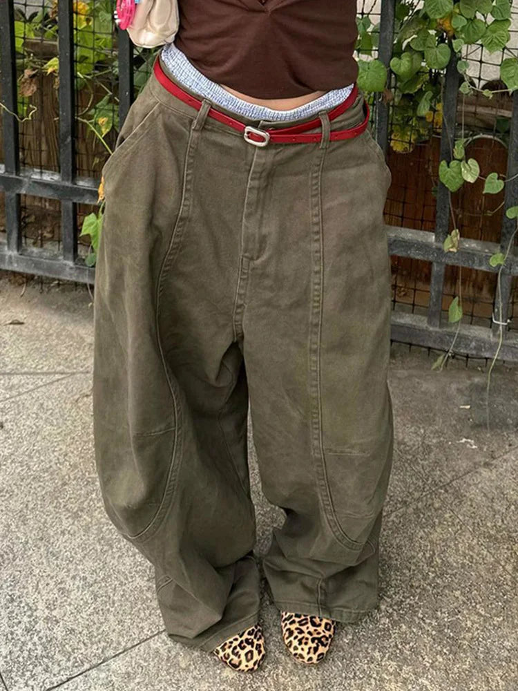 High Waist Green Brief Vintage Long Casual Wide Leg Jeans New Women Trousers Fashion Tide Spring Autumn 2025 1DJ0110