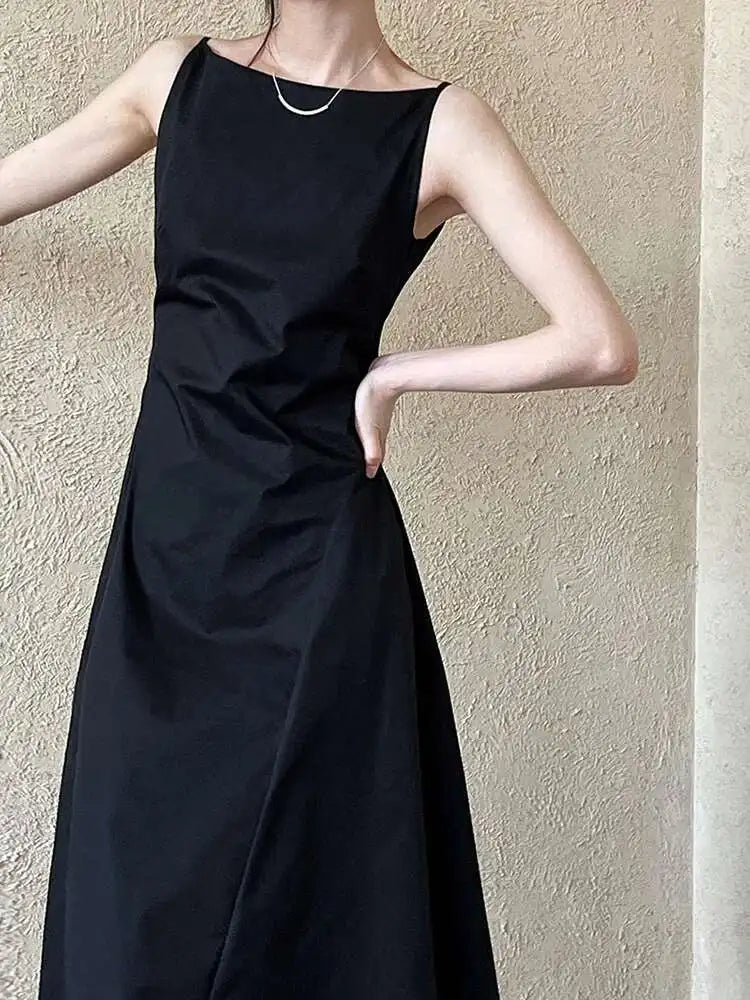 Women Black Pleated Elegant Pleated Long A-line Dress New Round Neck Sleeveless Fashion Tide Spring Summer 2025 1DH6117