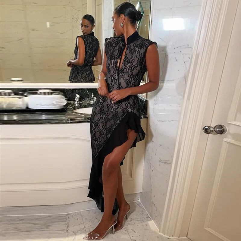 Mesh Lace Ruffled Sexy Maxi Dress For Women Gown Black Hollow Out Sleeveless Thigh High Split Club Long Dress Vestido