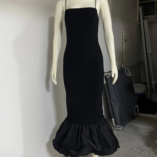 Load image into Gallery viewer, Spaghetti Strap Knit Fishtail Dress For Women Gown Black Sleeveless Backless Bodycon High Waist Sexy Long Dress Elegant
