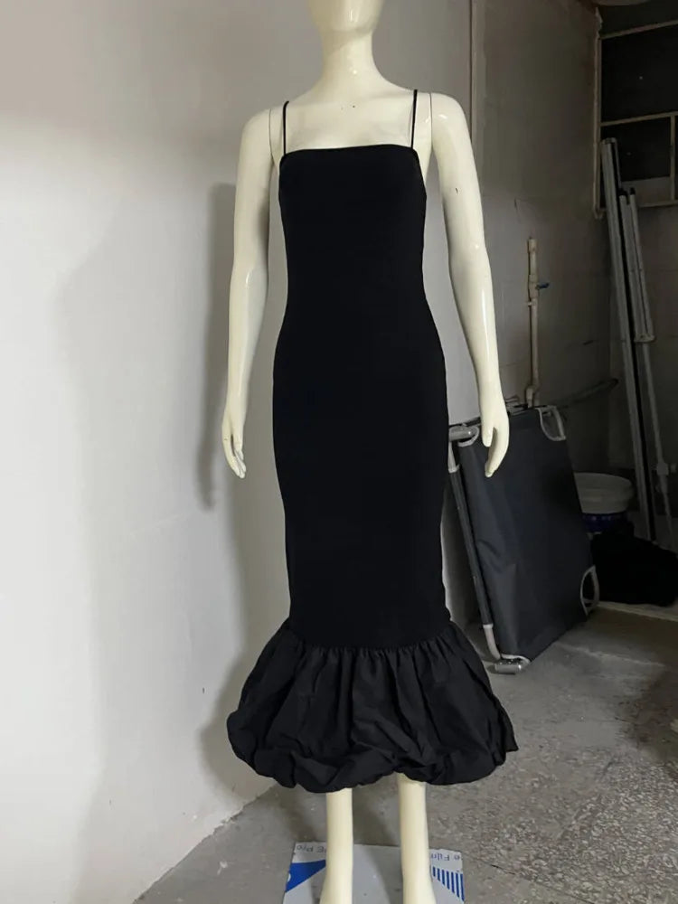 Spaghetti Strap Knit Fishtail Dress For Women Gown Black Sleeveless Backless Bodycon High Waist Sexy Long Dress Elegant