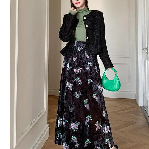 Load image into Gallery viewer, Black Red Floral Print Velvet Long Skirt Vintage Elastic High Waist Slim A-line Skirts Autumn Winter Fashion Women Bohemian Chic
