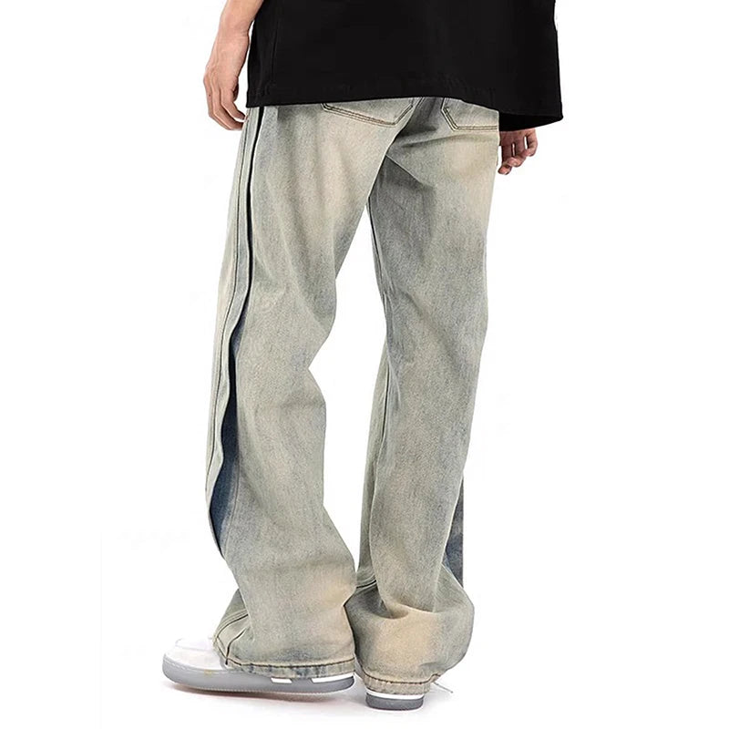 Men's Jeans New American Summer High Street Washed Denim Trousers Male Straight Loose Patchwork Casual Design 9W1477