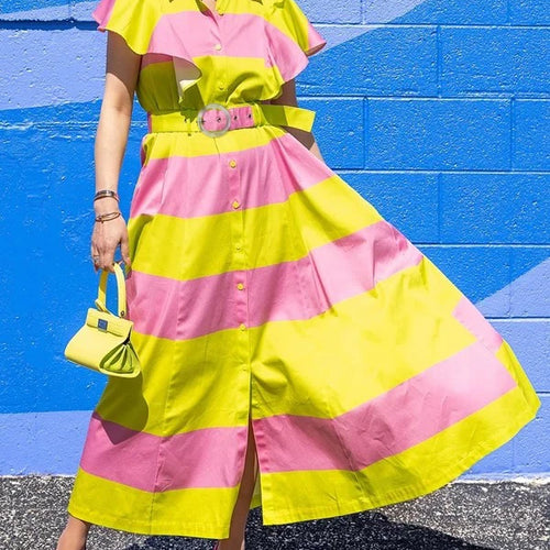 Load image into Gallery viewer, Women Contrast Color Maxi Dress 2025 Summer Elegant Pleated Stripes Belted with Pockets Party Long Dresses for Woman
