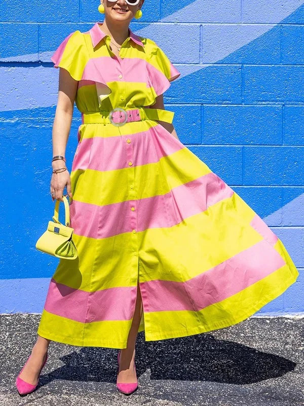 Women Contrast Color Maxi Dress 2025 Summer Elegant Pleated Stripes Belted with Pockets Party Long Dresses for Woman