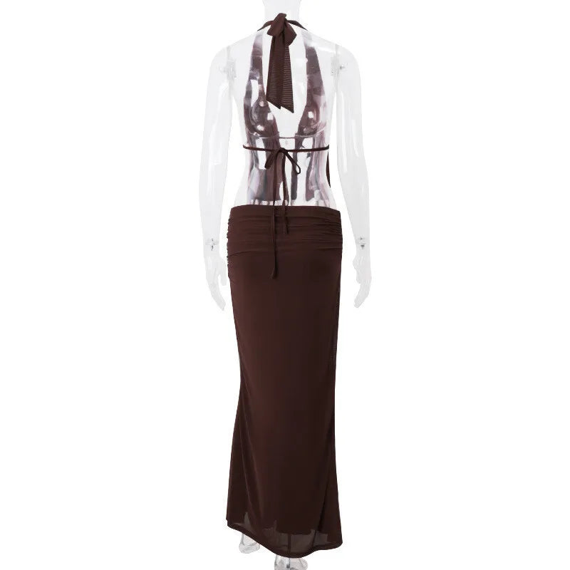 Hollow Out Lace-up Sexy Skirt 2 Piece Sets Women Brown Halter Crop Tops And Maxi Skirt Female Skinny Sexy Two Piece Set