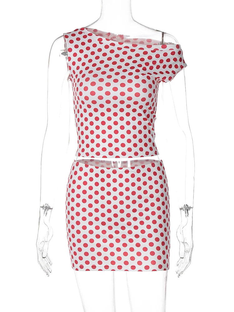 Summer Spot Print 2 Piece Sets Diagonal Collar Sexy Crop Tank Top Skirt Women Fashion Outfits Streetwear Festival