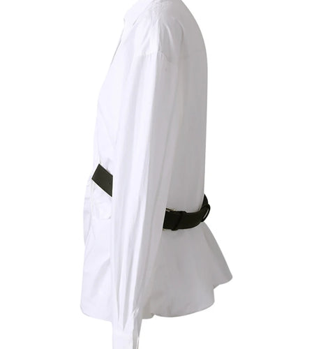 Women White Pleated Belted Big Size Bud Blouse New V-neck Long Sleeve Shirt Fashion Tide Spring Autumn 2025 7AB8172