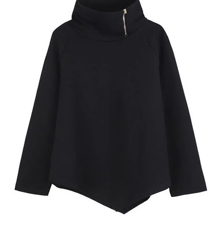 Women Black Zipper Irregular Big Size Casual T-shirt New Turtleneck Long Sleeve Fashion Tide Spring Autumn 2025 OA882