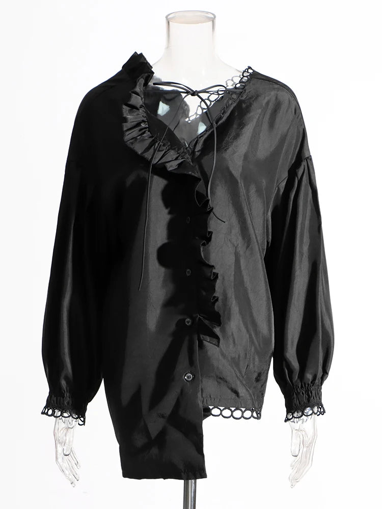 Loose Black Shirt For Women V Neck Long Sleeve Solid Minimalist Cut Out Bandage Blouses Female Spring Clothing