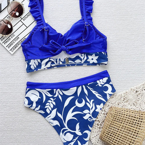 Load image into Gallery viewer, Printed Splicing Ruffled Female Swimsuit High Waist Bikini 2024 Women Swimwear Two Pieces Biquini Bathing Suit
