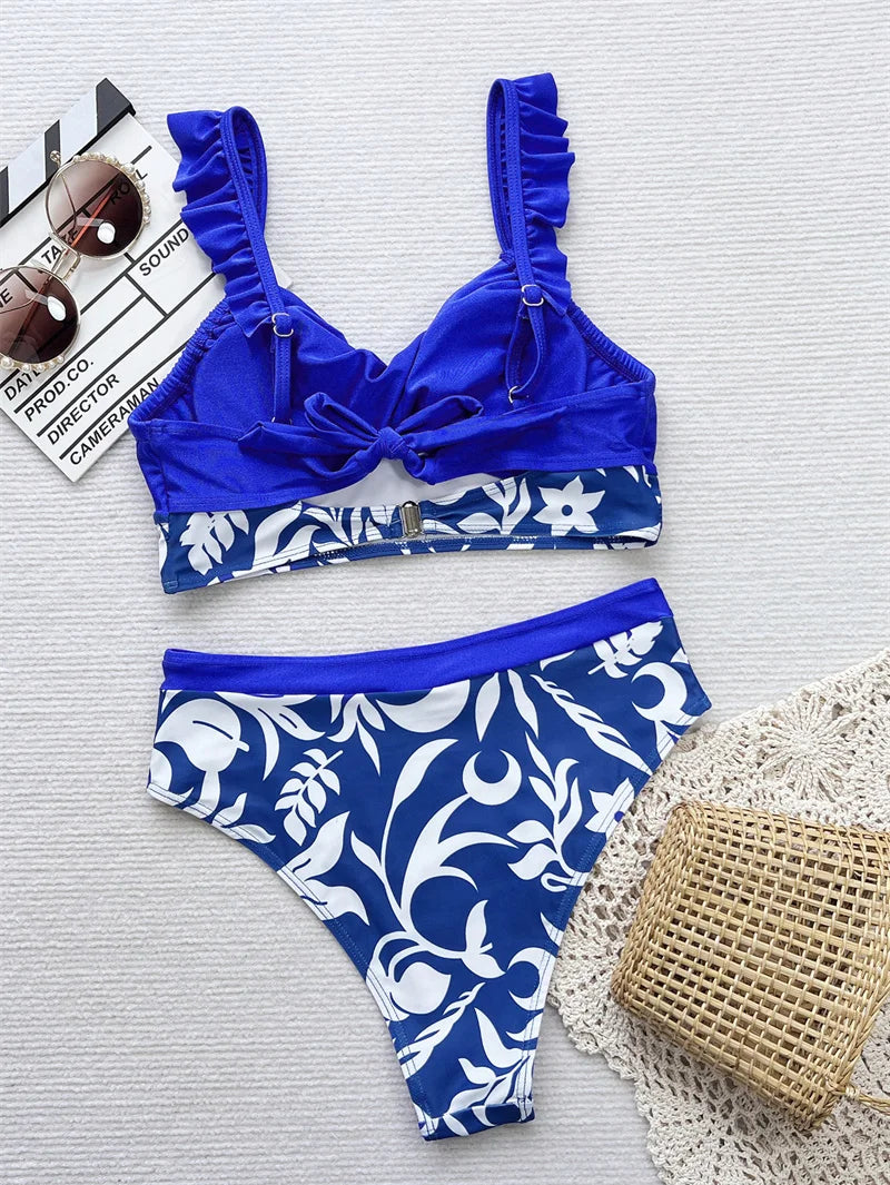 Printed Splicing Ruffled Female Swimsuit High Waist Bikini 2024 Women Swimwear Two Pieces Biquini Bathing Suit