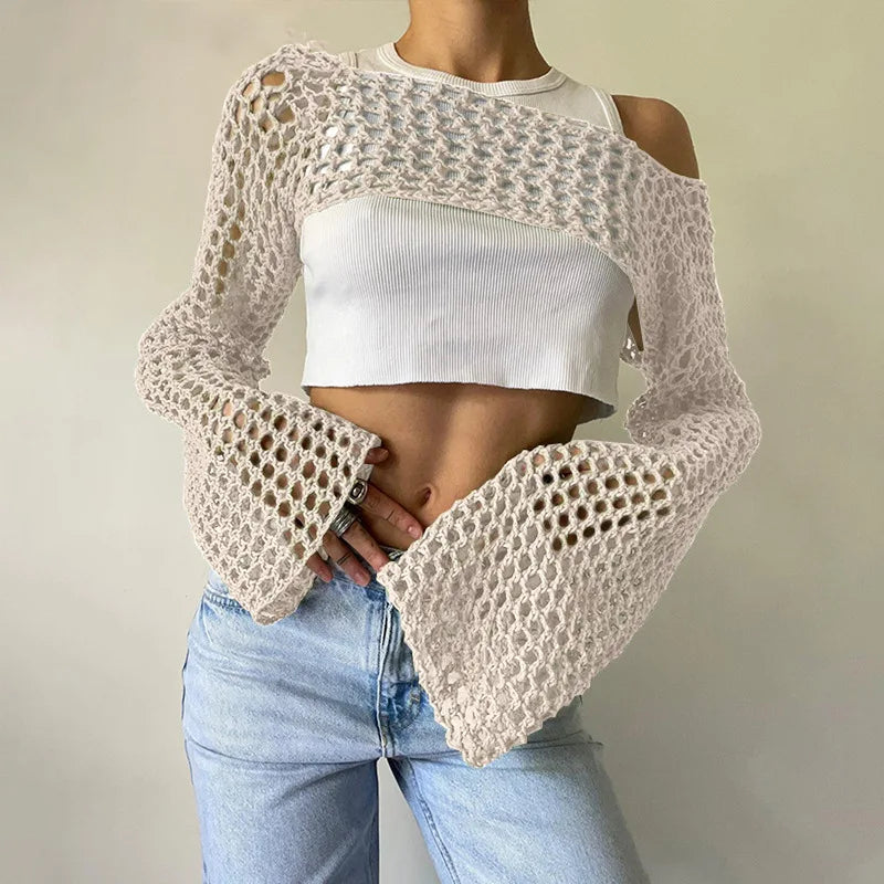 New Harajuku Grunge Solid Slash Neck Women Crop Pullovers Y2k Aesthetic Knitted Sexy Sweaters Streetwear Hollow Out Autumn Tops