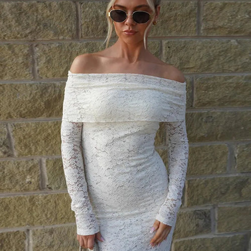 Load image into Gallery viewer, Lace Off-shoulder Sexy Maxi Dress For Women White Strapless Long Sleeve Backless Bodycon Club Party Sexy Long Dress
