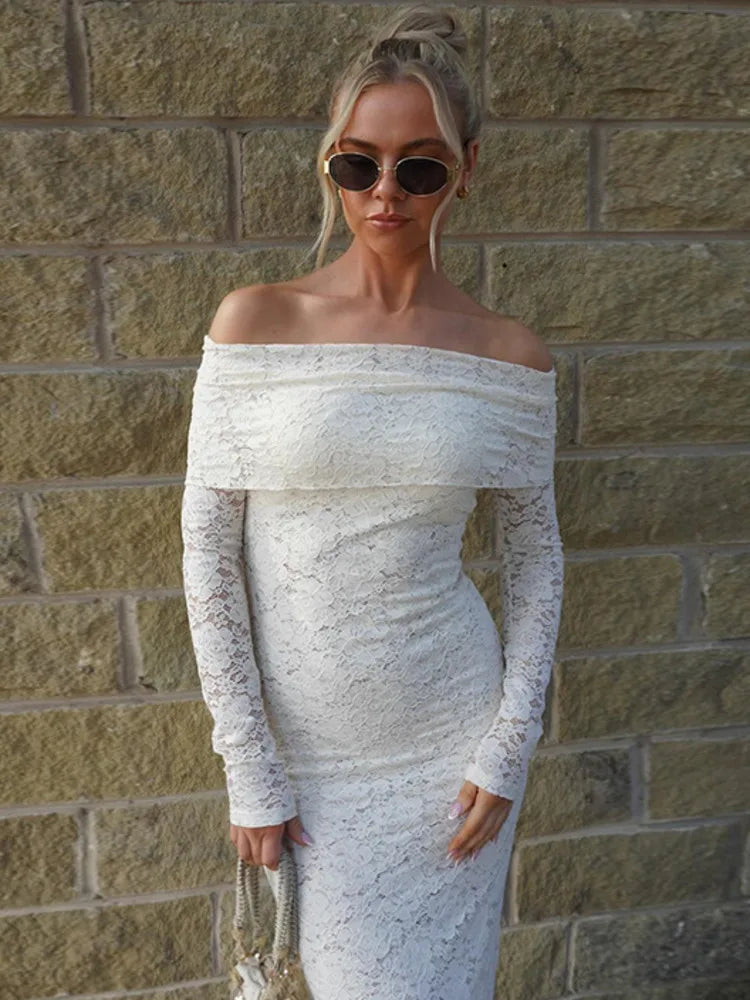 Lace Off-shoulder Sexy Maxi Dress For Women White Strapless Long Sleeve Backless Bodycon Club Party Sexy Long Dress