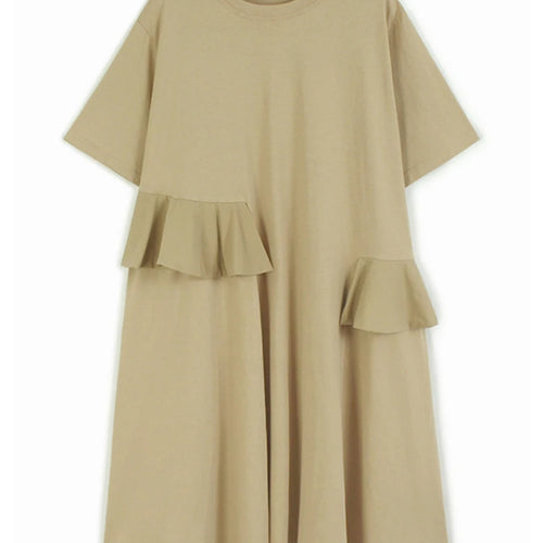 Load image into Gallery viewer, Women Khaki Ruffles Spliced Big Size Midi Dress New Round Neck Short Sleeve Fashion Tide Spring Summer 2025 1DJ1197
