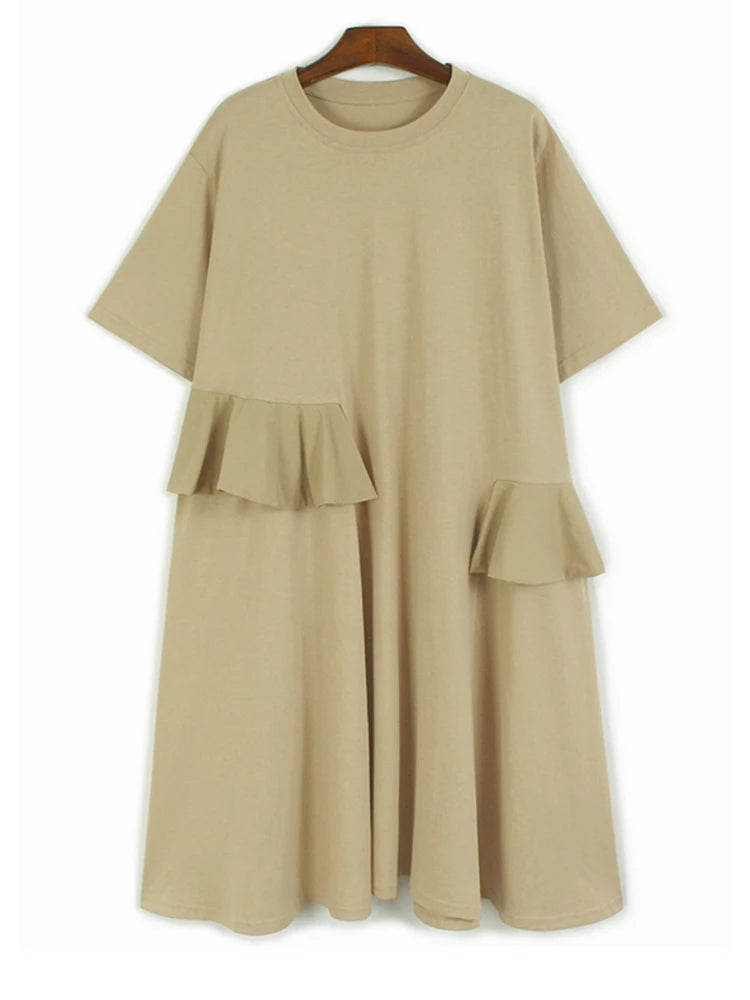 Women Khaki Ruffles Spliced Big Size Midi Dress New Round Neck Short Sleeve Fashion Tide Spring Summer 2025 1DJ1197