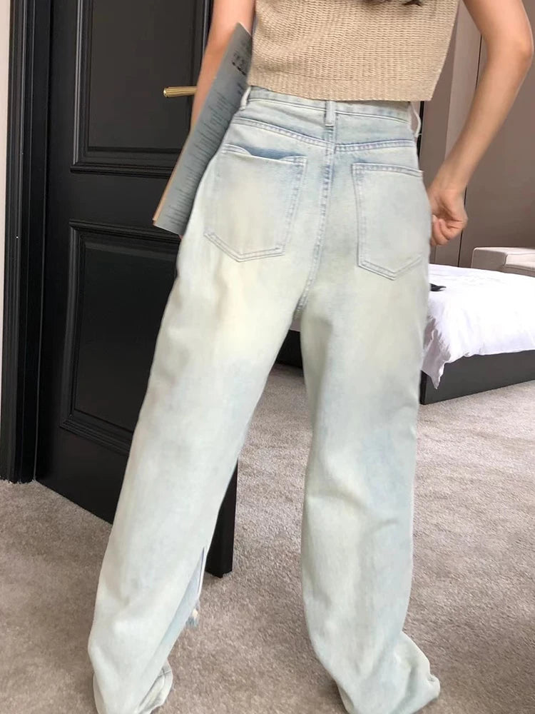 Minimalist Jeans For Women High Waist Patchwork Button Hole Hollow Out Wide Leg Pants Female Fashion Clothing