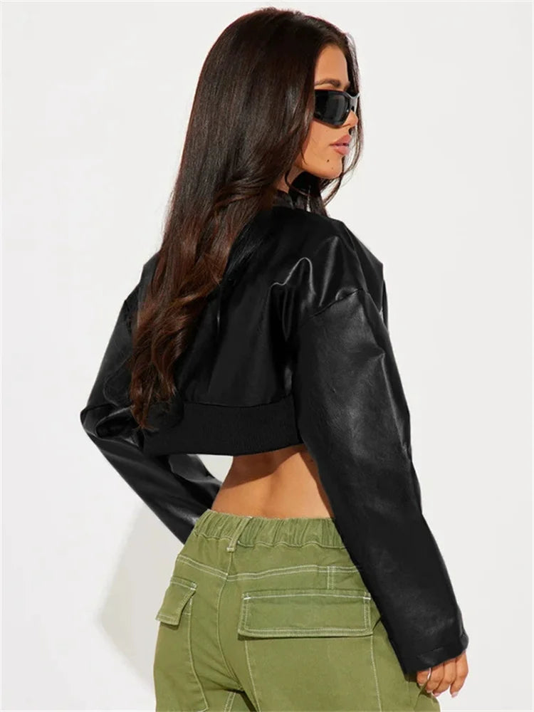 PU Patchwork Women Jacket Letter Print Hipster Button Zip Full Sleeve Trend Cool Street Wild Spring Outwear Crop Coat