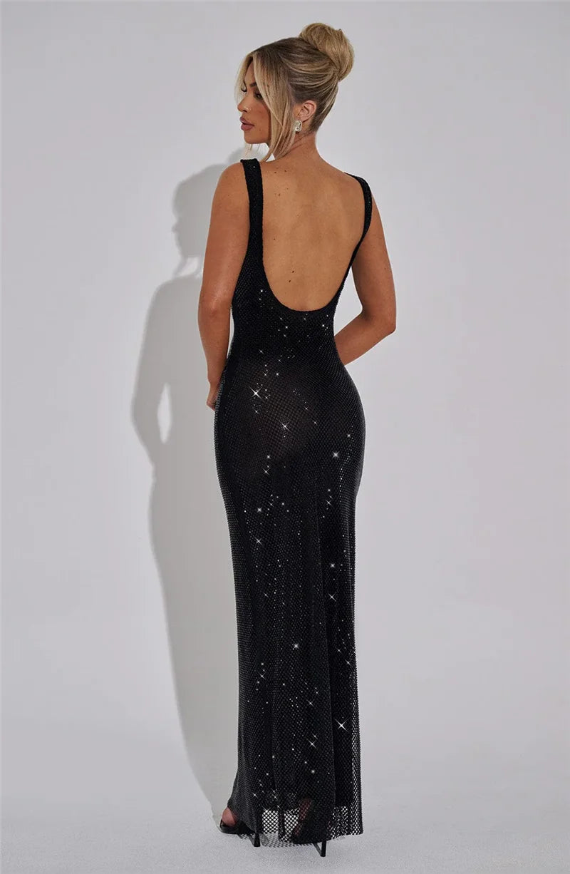 Sequins Backless Sexy Maxi Dress For Women Gown Fashion Sparkle Square Collar Sleeveless Bodycon Club Long Dress