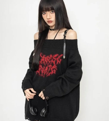 Harajuku Gothic Sexy Off Shoulder Knitted Jumpers Grunge Jacquard Sweater Fashion Knitwear Y2k Aesthetic Slash Neck Pullover