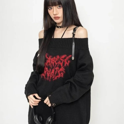 Load image into Gallery viewer, Harajuku Gothic Sexy Off Shoulder Knitted Jumpers Grunge Jacquard Sweater Fashion Knitwear Y2k Aesthetic Slash Neck Pullover
