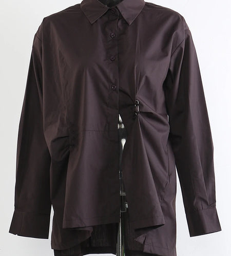 Women Brown Pleated Elegant Irregular Big Size Blouse New Lapel Long Sleeve Shirt Fashion Tide Spring Autumn 2025  1DJ1089