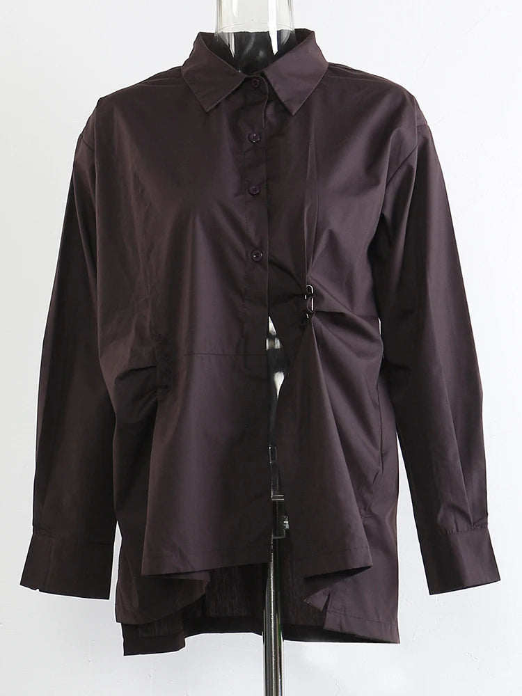 Women Brown Pleated Elegant Irregular Big Size Blouse New Lapel Long Sleeve Shirt Fashion Tide Spring Autumn 2025  1DJ1089