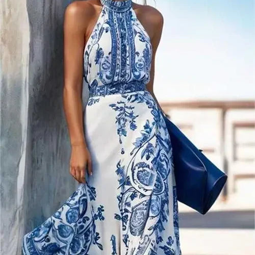 Load image into Gallery viewer, Women Beach Vacation Flower Print Maxi Dresses 2025 New Halterneck Contrast Color Boho A-line Long Dresses for Woman
