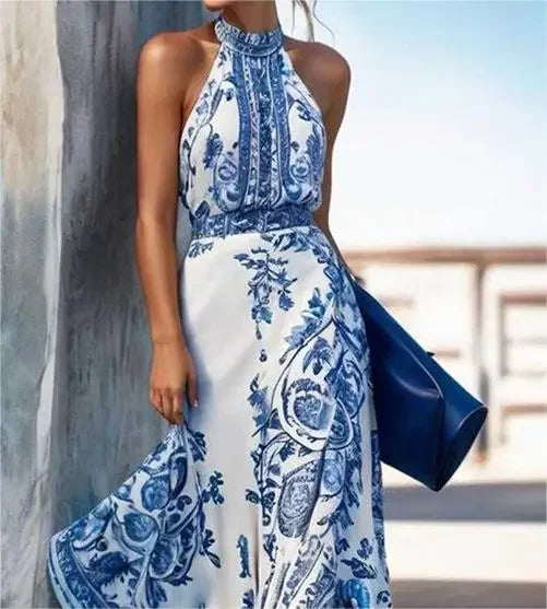 Women Beach Vacation Flower Print Maxi Dresses 2025 New Halterneck Contrast Color Boho A-line Long Dresses for Woman