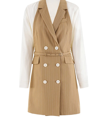 Women Khaki Striped Back Pleated Long Elegant Blazer New Lapel Long Sleeve Jacket Fashion Tide Spring Autumn 2025 CPDB201