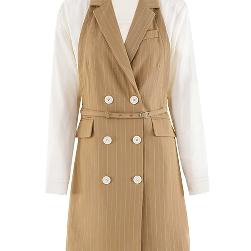 Load image into Gallery viewer, Women Khaki Striped Back Pleated Long Elegant Blazer New Lapel Long Sleeve Jacket Fashion Tide Spring Autumn 2025 CPDB201
