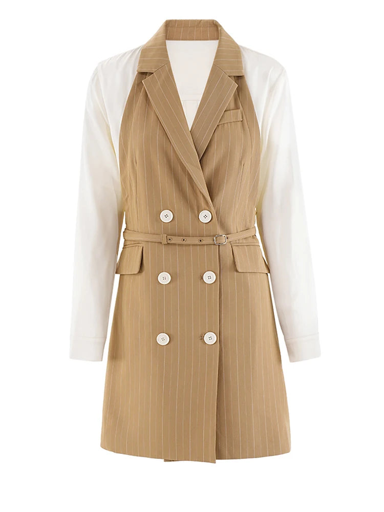 Women Khaki Striped Back Pleated Long Elegant Blazer New Lapel Long Sleeve Jacket Fashion Tide Spring Autumn 2025 CPDB201