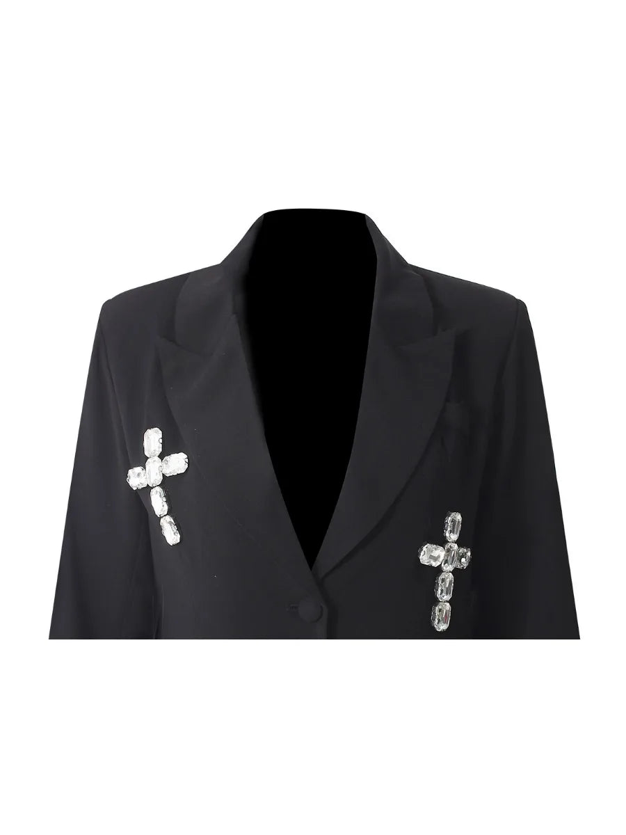 Solid Spliced Diamonds Elegant Blazers for Women Lapel Long Sleeve Temperament Coat Female Style