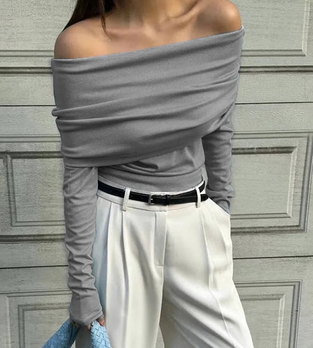 Elegant Knitted Long Sleeve Sweater High Elasticity Slim Top For Women 2025 New Winter Sexy One Shoulder Tight Sweater