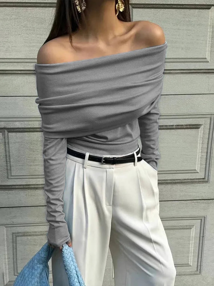 Elegant Knitted Long Sleeve Sweater High Elasticity Slim Top For Women 2025 New Winter Sexy One Shoulder Tight Sweater