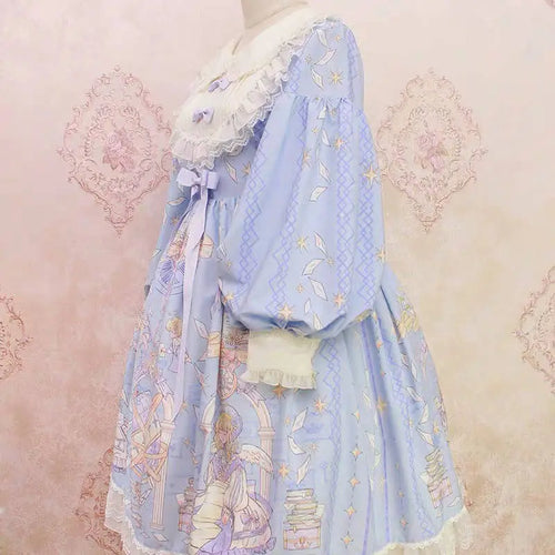 Load image into Gallery viewer, Sweet Kawaii Lolita Dress Women Soft Girl Cute Angel Print Lace Bow Fairy Party Dresses Costume Uniform Female
