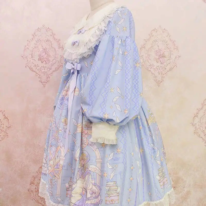 Sweet Kawaii Lolita Dress Women Soft Girl Cute Angel Print Lace Bow Fairy Party Dresses Costume Uniform Female
